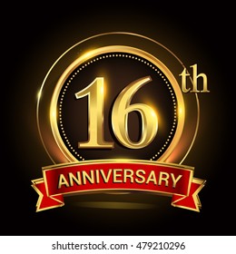 16th golden anniversary logo with ring and ribbon. Vector design template elements for your birthday celebration.