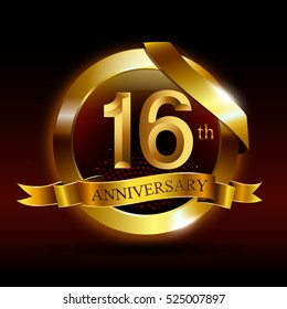 16th golden anniversary logo with ring and ribbon, on black background vector design.