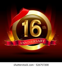 16th golden anniversary logo with ring and red ribbon. Vector design template elements for your birthday celebration.