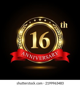 16th golden anniversary logo, with shiny ring and red ribbon, Laurel wrath isolated on black background, vector design