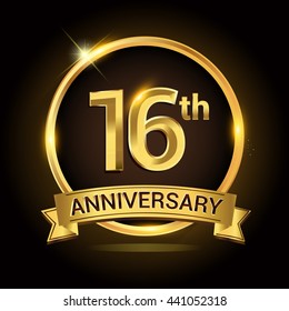 16th golden anniversary logo, with shiny ring and ribbon, laurel wreath isolated on black background, vector design