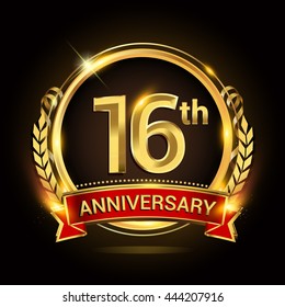 16th golden anniversary logo, with shiny ring and red ribbon, laurel wreath isolated on black background, vector design