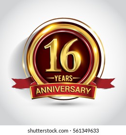 16th golden anniversary logo, sixteen years birthday celebration with ring and red ribbon isolated on white background