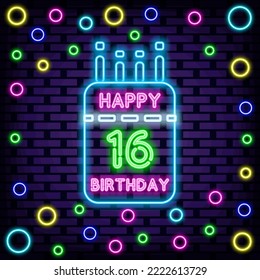 16th Happy Birthday 16 Year old Neon signboards. On brick wall background. Neon text. Modern trend design. Vector Illustration