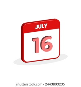 16th July calendar 3D icon. 3D July 16 calendar Date, Month icon vector illustrator