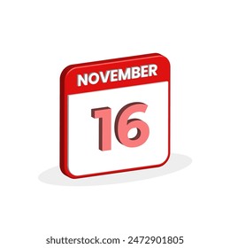 16th November calendar 3D icon. 3D November 16 calendar Date, Month icon vector illustrator