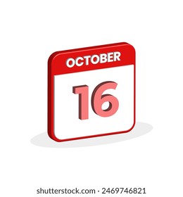 16th October calendar 3D icon. 3D October 16 calendar Date, Month icon vector illustrator