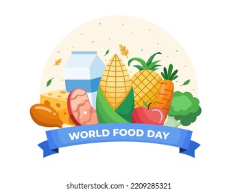 16th October World Food Day Illustration With Various Food, Fruits, and Vegetables.
Happy World Food Day.
Suitable for banner, poster, web, etc