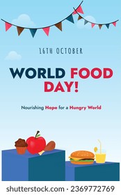 16th October World food day. World Food Day. Food day celebration vector social media post with apple, burger, muffin icons. Food day awareness concept doesn't waste. Foodie Story for restaurant