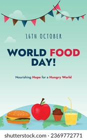 16th October World food day. World Food Day. Food day celebration vector social media post with apple, burger, muffin icons. Food day awareness concept doesn't waste. Foodie Story for restaurant