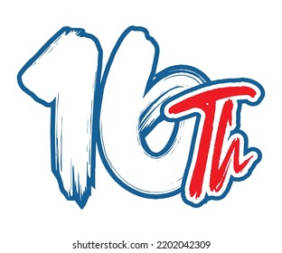 16th Ordinal Number counting vector art illustration with stunning font on red trim blue on white background