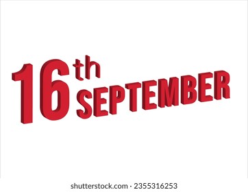 16th september , Daily calendar time and date schedule symbol. Modern design, 3d rendering. White background.