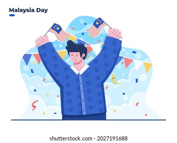 16th September Happy Malaysia Day flat illustration vector with people holding Malaysia national flag. Malaysia Independence Day. Can be used for banner, poster, social media, greeting card, web.