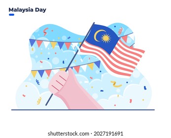 16th September Happy Malaysia Day flat illustration vector with people holding Malaysia national flag. Malaysia Independence Day. Can be used for banner, poster, social media, greeting card, web.