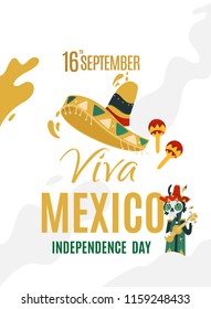 16th september viva mexico independence day sombrero mexico shakers  traditional elements like maracas, sombrero hat and chilli pepper skeleton with a guitar, ukulele. Colourful flat vector 