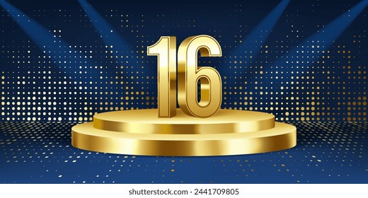 16th Year anniversary celebration background. Golden 3D numbers on a golden round podium, with lights in background.