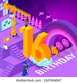 16th year Anniversary Celebration concept with characters. Flat isometric vector illustration