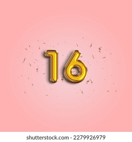 16th year Anniversary celebration design template. Number 16 flying foil balloon and confetti. Template for    Birthday, celebration or wedding event.