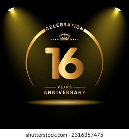 16th year anniversary celebration logo design with gold color number and ring, logo vector template