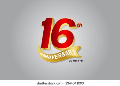 16th year anniversary Golden ribbon celebration logotype. anniversary logo with Red and Gold color isolated on grey background, vector design for celebration, invitation card - vector