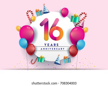 16th years Anniversary Celebration Design with balloons and gift box, Colorful design elements for banner and invitation card.