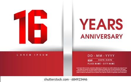 16th Years Anniversary celebration logo, flat design isolated on red and white background, vector elements for banner, invitation card and birthday party.