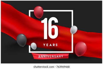 16th years Anniversary celebration logo, isolated on red ribbon and balloon, vector elements for banner, invitation card and birthday party.