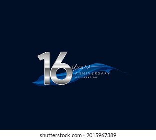 16th Years Anniversary celebration logotype silver colored with blue ribbon and isolated on dark blue background