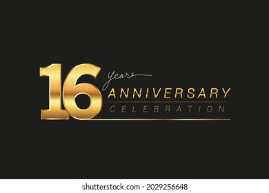 16th years anniversary celebration logotype. Anniversary logo with golden and silver color isolated on black background, vector design for celebration, invitation card, and greeting card.