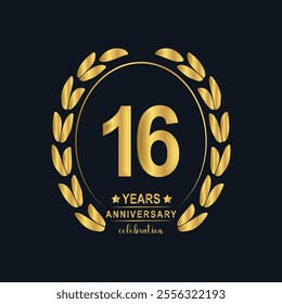 16th Years Anniversary celebration. Vector Template festive illustration Golden Color,. Birthday or wedding party event decoration.