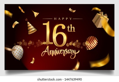 16th years anniversary design for greeting cards and invitation, with balloon, confetti and gift box, elegant design with gold and dark color, design template for birthday celebration.