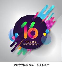 Logo del 16º aniversario con colorido fondo abstracto, elementos de plantilla de diseño vectorial para tarjeta de invitación y afichar la celebración de los dieciséis años