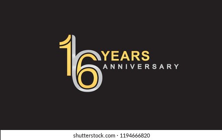 16th years anniversary logo design with multiple line silver and golden color, for celebration event isolated on black background, vector illustration.