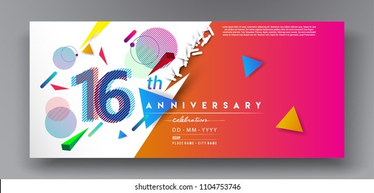 16th years anniversary logo, vector design birthday celebration with colorful geometric background and circles shape.