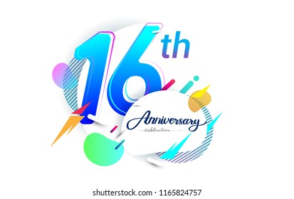 16th years anniversary logo, vector design birthday celebration with colorful geometric background, isolated on white background.