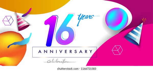 16th years anniversary logo, vector design birthday celebration with colorful geometric background and futuristic elements