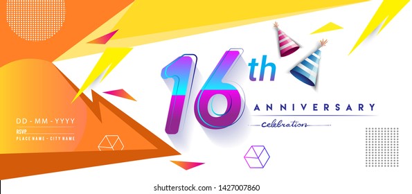 16th years anniversary logo, vector design birthday celebration with colorful geometric background and circles shape.