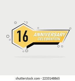16th years anniversary logo, vector design with yellow geometric shape with gray background .