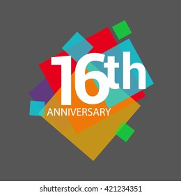 16th years anniversary logo, vector design isolated on colorful geometric background, for birthday celebration.