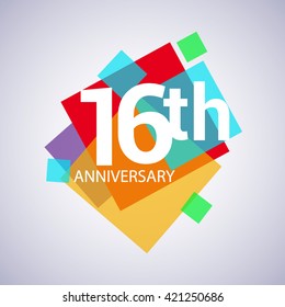 16th years anniversary logo, vector design birthday celebration with colorful geometric isolated on white background.