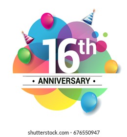 16th years anniversary logo, vector design birthday celebration with colorful geometric, Circles and balloons isolated on white background.