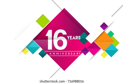 16th years anniversary logo, vector design birthday celebration with colorful geometric isolated on white background.