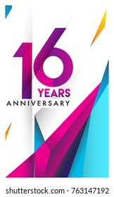 16th years anniversary logo, vector design birthday celebration with colorful geometric isolated on white background.