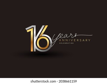 16th years anniversary logotype with multiple line silver and golden color isolated on black background for celebration event.