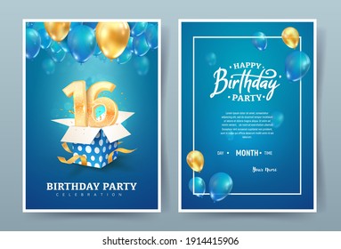 16th years birthday vector invitation double card. Sixteen years anniversary celebration brochure. Template of invitational for print on blue background