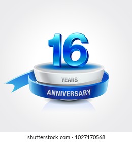 16th years blue anniversary logo celebration with ring and ribbon.