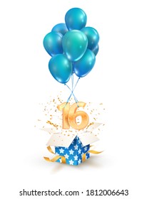 16th years celebrations. Greetings of sixteen birthday isolated vector design elements. Open textured gift box with numbers and flying on balloons