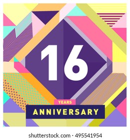 16th years greeting card anniversary with colorful number and frame. logo and icon with Memphis style cover and design template