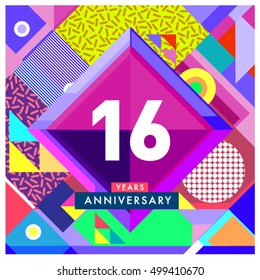 16th years greeting card anniversary with colorful number and frame. logo and icon with Memphis style cover and design template