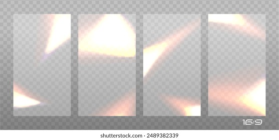 16x9 backgrounds set with Overlay effect of exposed old photo with burn edges. Realistic vector illustration of camera film light filter for vintage look with with blur glare, noise and grain.